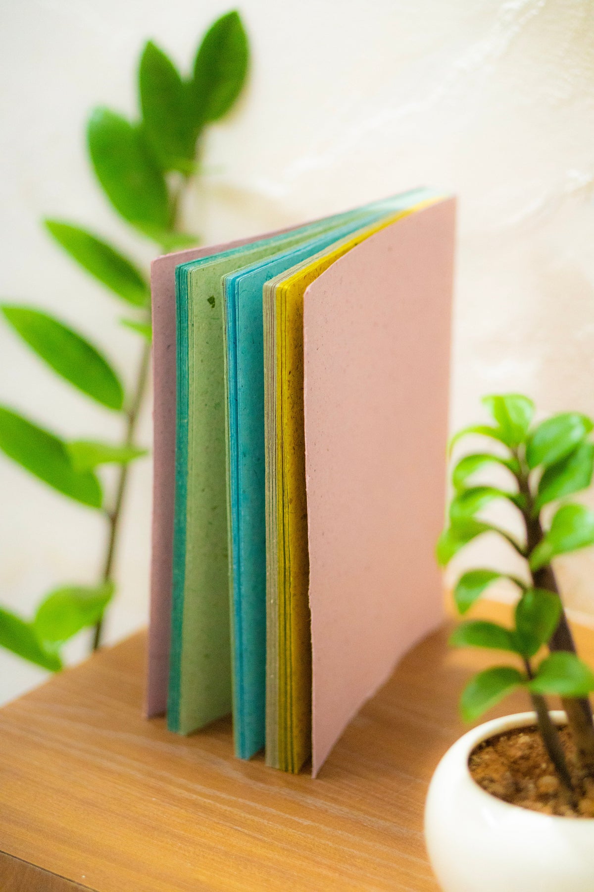 Recycled paper notebook – pink cover, made from water hyacinth