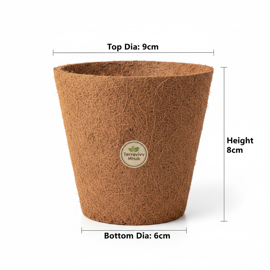 Coir Pot Side View with Dimensions - Colour Matched