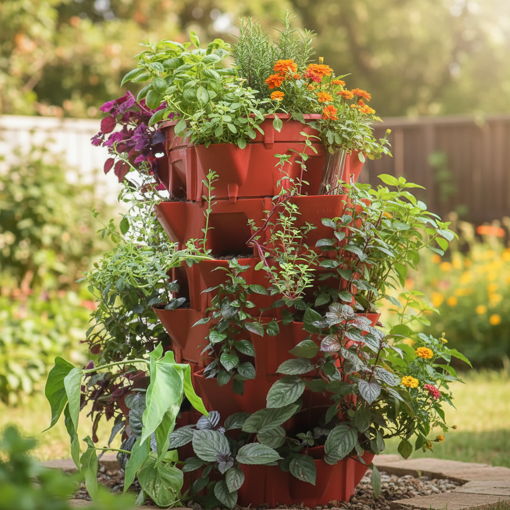 Composter Garden – Red Tower with Herbs
