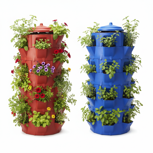 Biotech India Composter Garden – terracotta red and blue vertical tower with plants