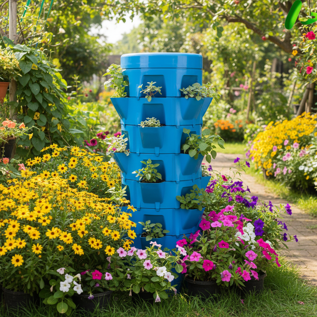 Composter Garden – blue tower surrounded by colorful flowers